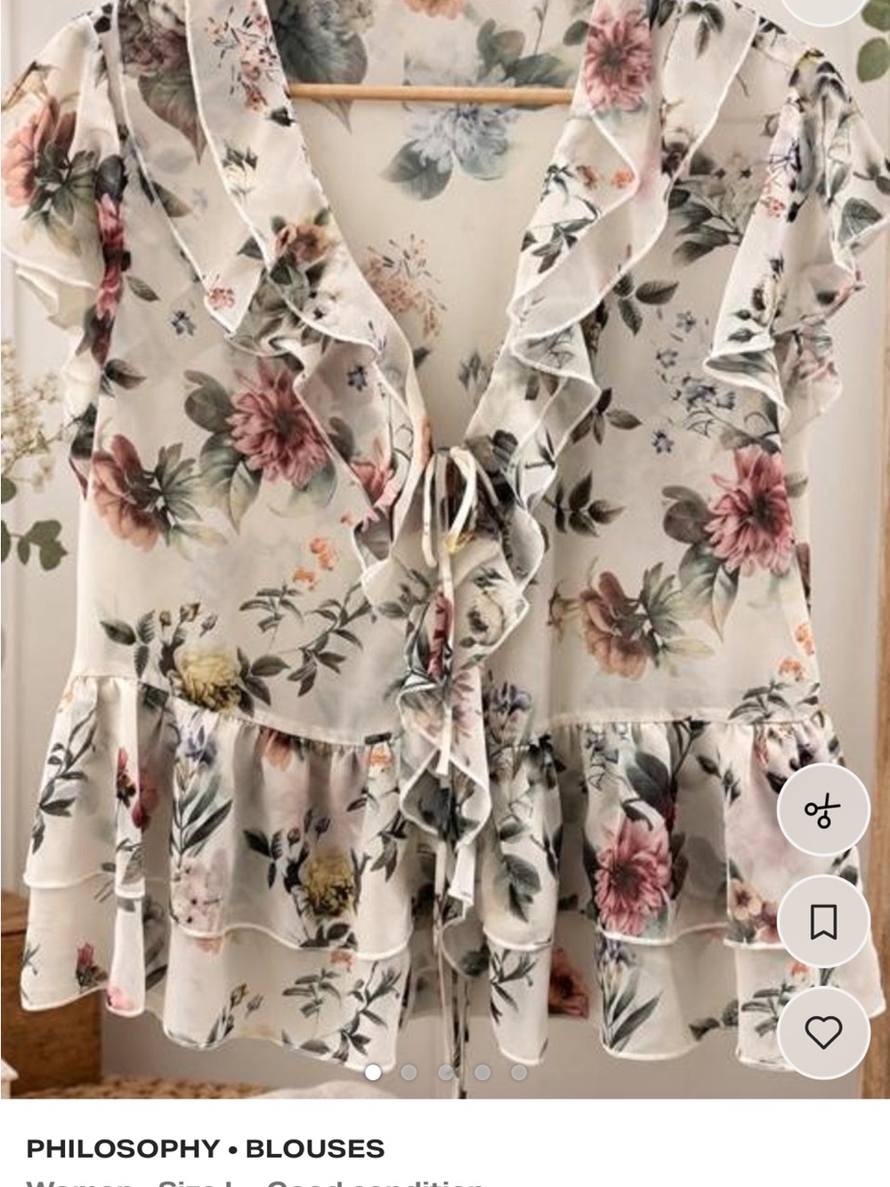Philosophy Cream Floral Ruffle Tie-Front Blouse